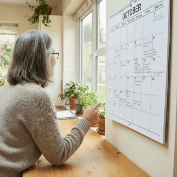A smiling woman with grey hair points to a circled date on an October wall calendar.